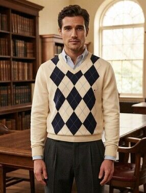 NWOT Tommy Hilfiger Diamond Argyle Soft V-Neck Sweater Size L Old Money Academia